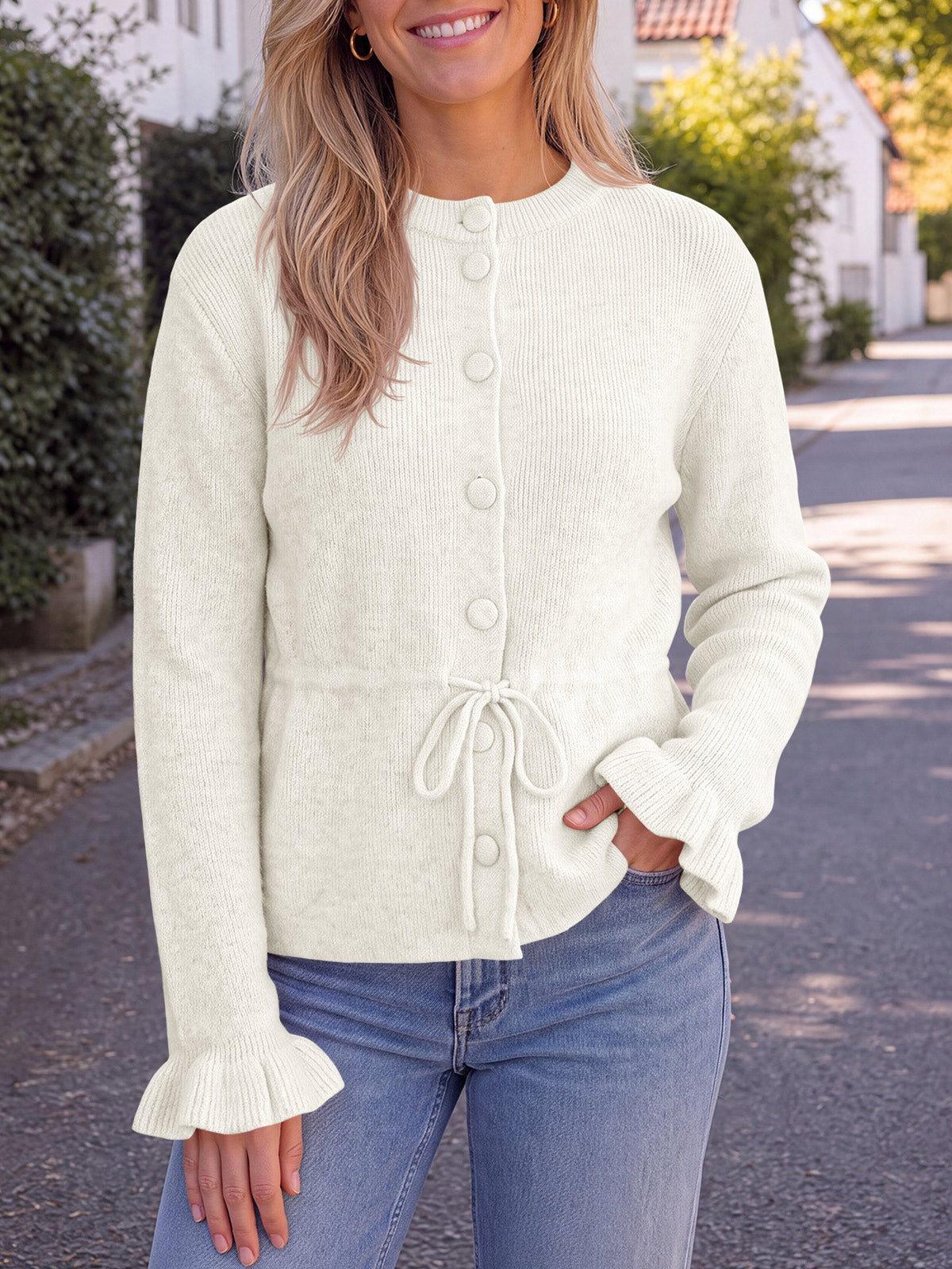 usvara Womens Ruffle Sleeve Button Tie Cardigans
