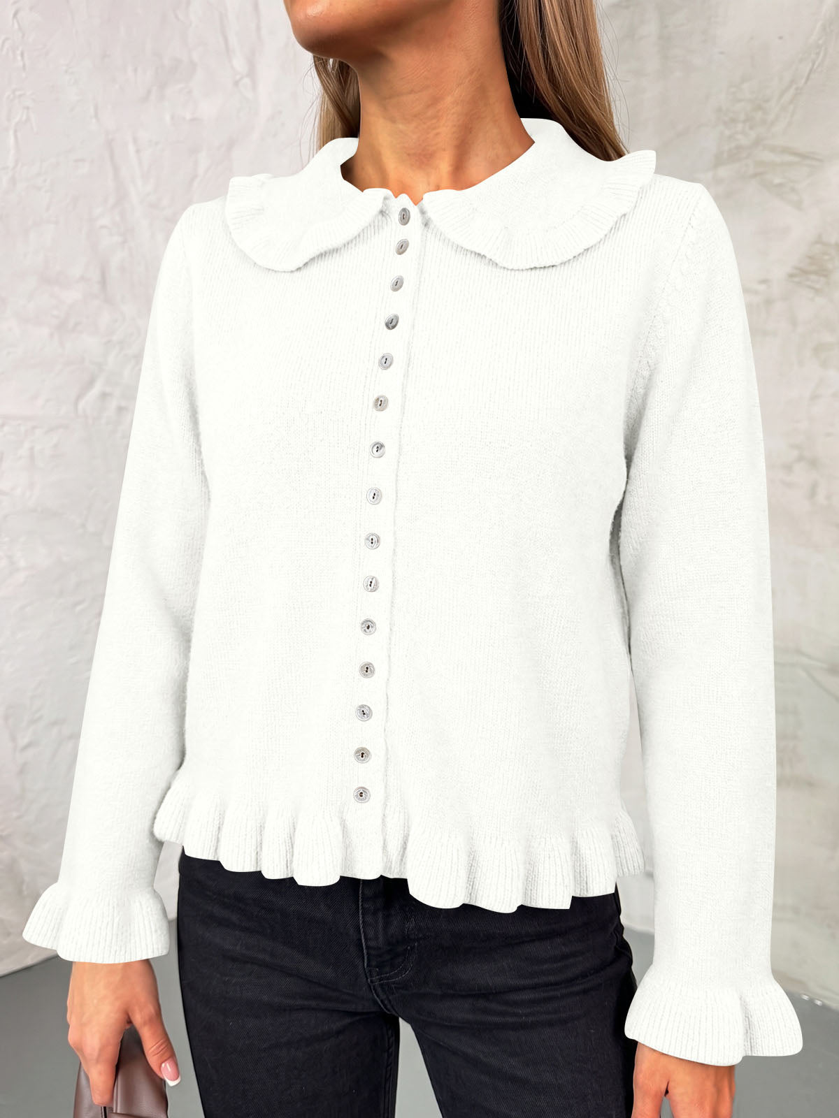 usvara Womens Ruffle Button Down Cardigan