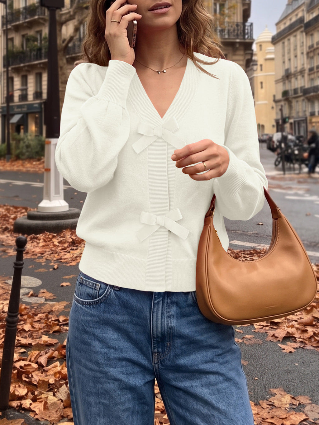 usvara Women V Neck Bow Knit Cardigan
