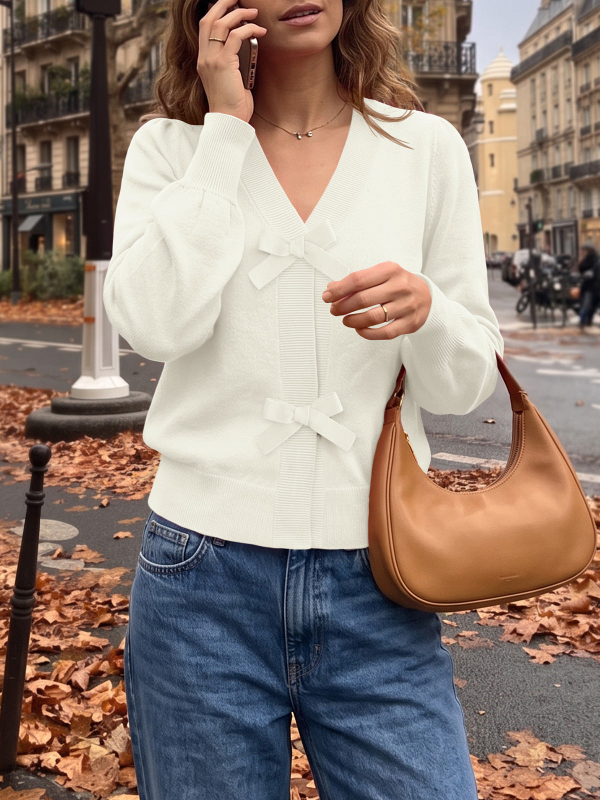 usvara Women V Neck Bow Knit Cardigan