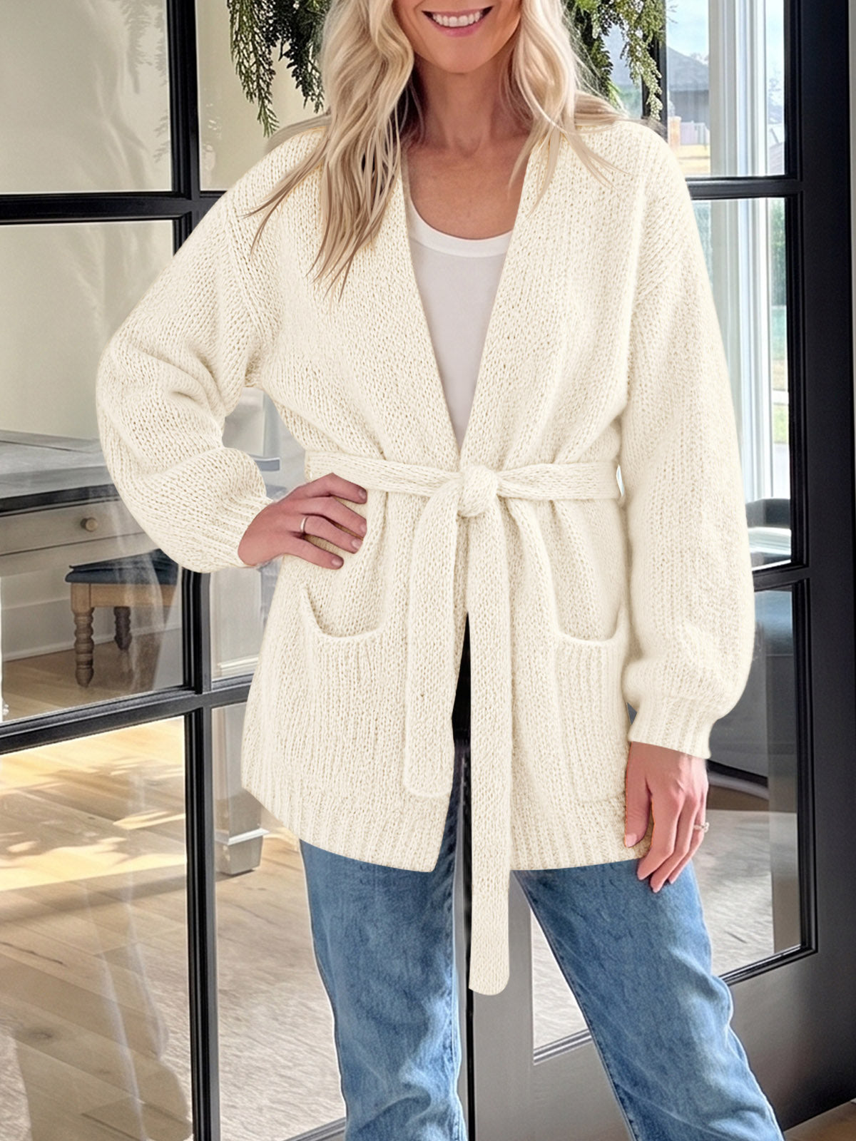 usvara Womens V Neck Belted Cardigan