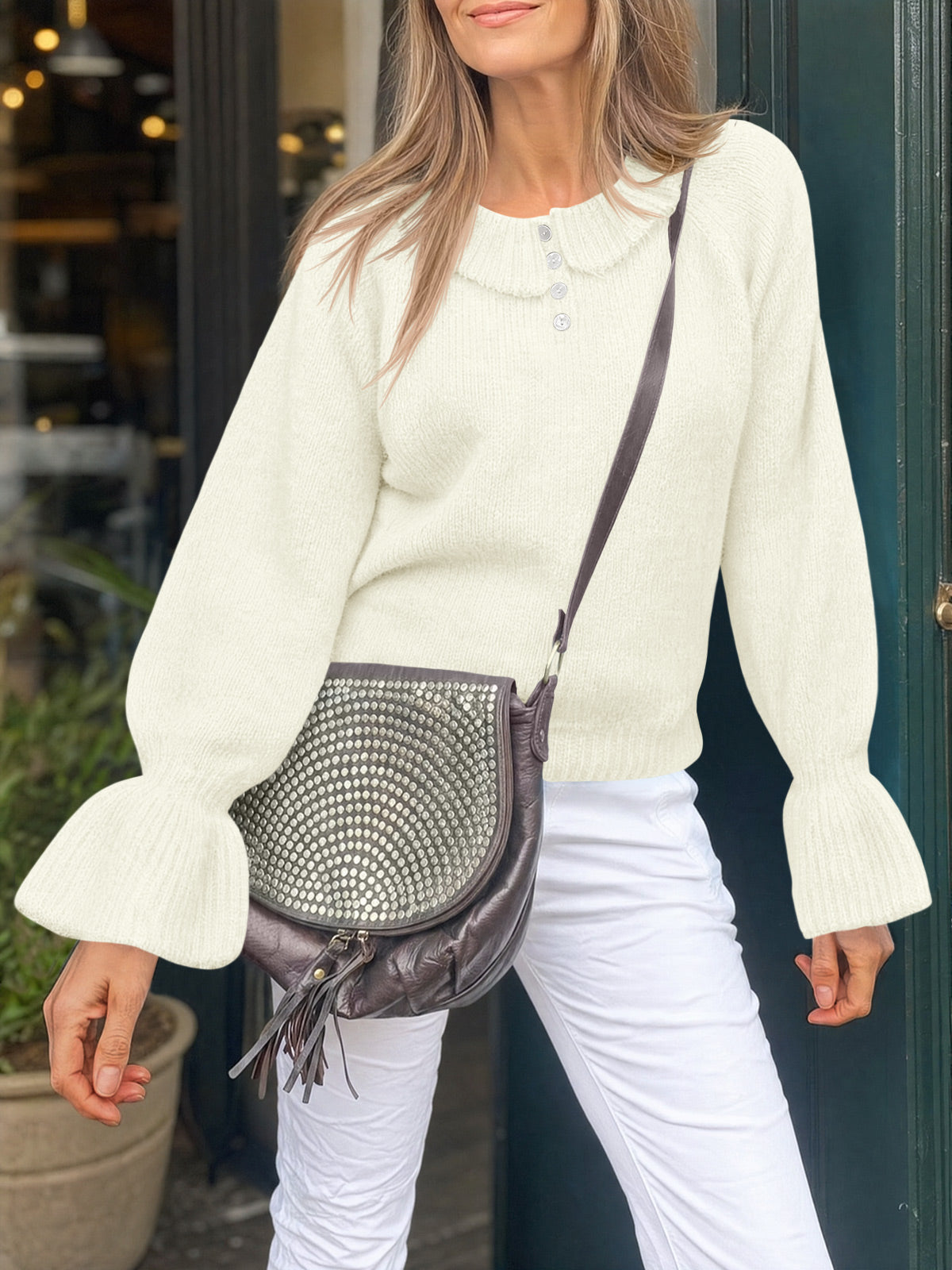 usvara Women Ruffle Collared Long Sleeve Sweater