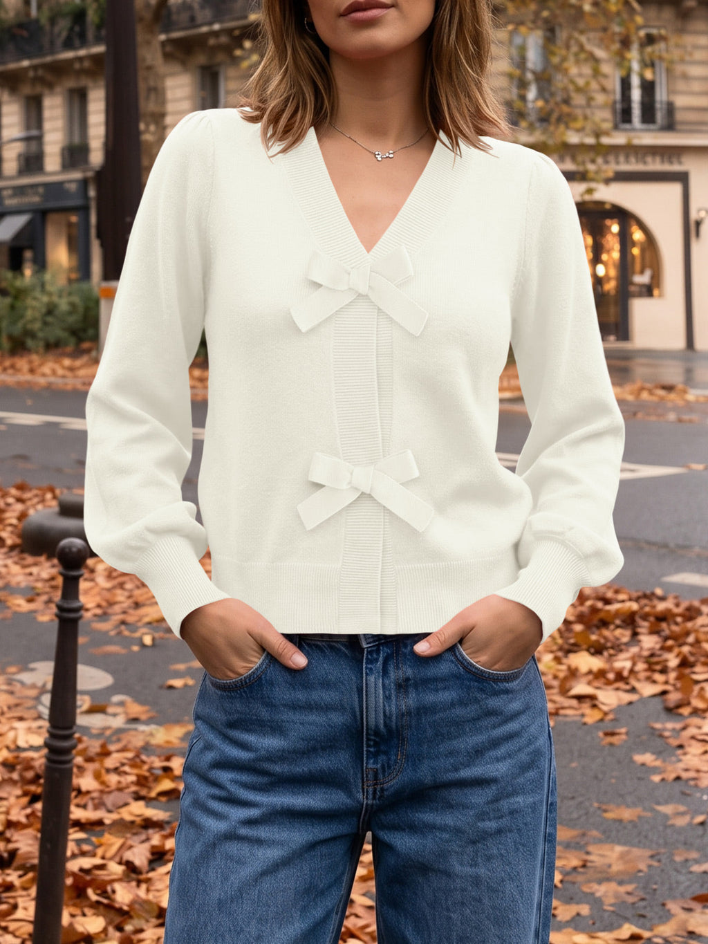 usvara Women V Neck Bow Knit Cardigan
