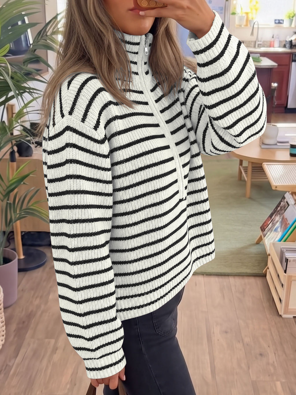 usvara Womens Striped Half Zip Sweater