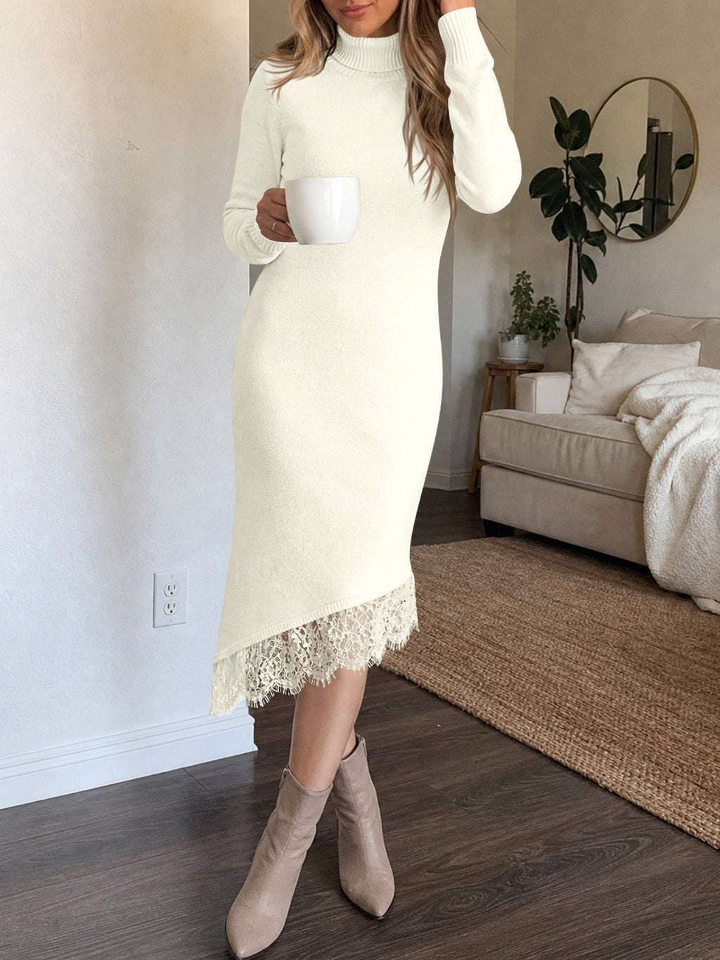 usvara Womens Lace Turtleneck Sweater Dress
