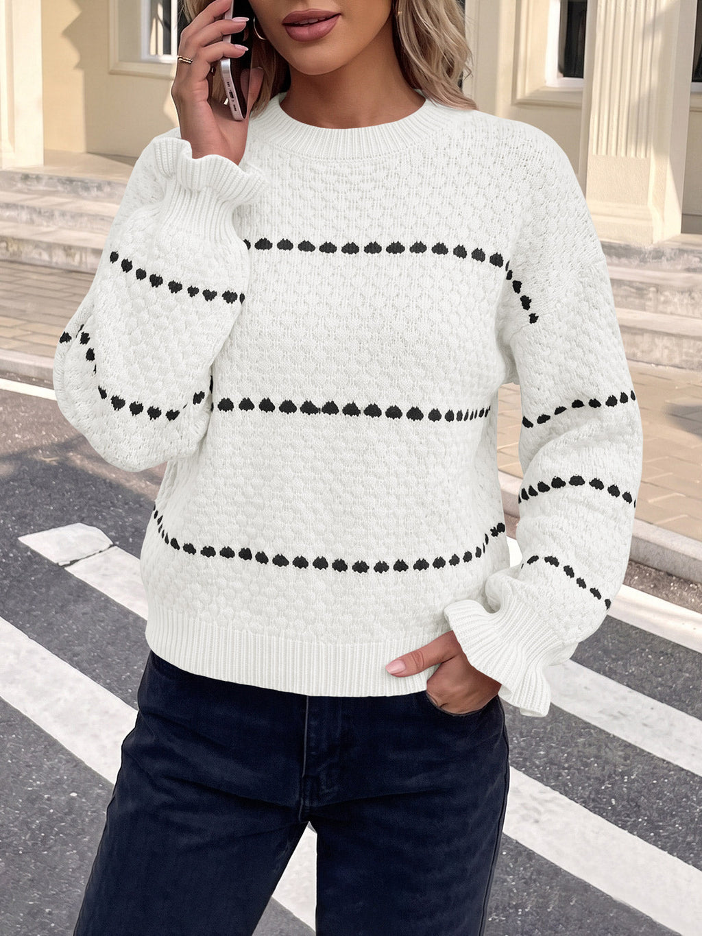 usvara Womens Heart Striped Ruffle Sweaters