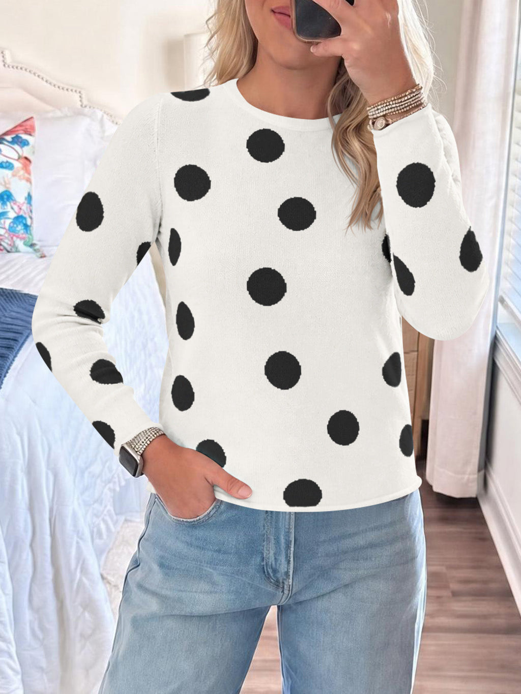 usvara Womens Polka Dot Long Sleeve Sweater