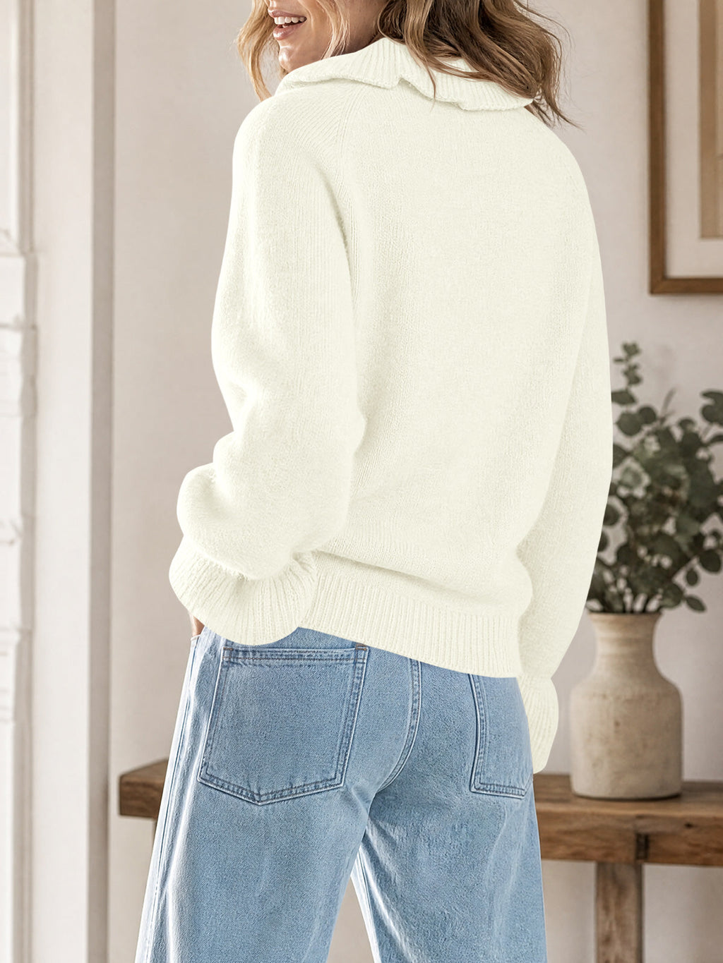 usvara Women Ruffle Collared Long Sleeve Sweater