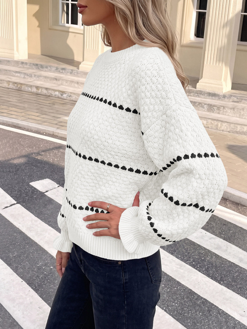 usvara Womens Heart Striped Ruffle Sweaters