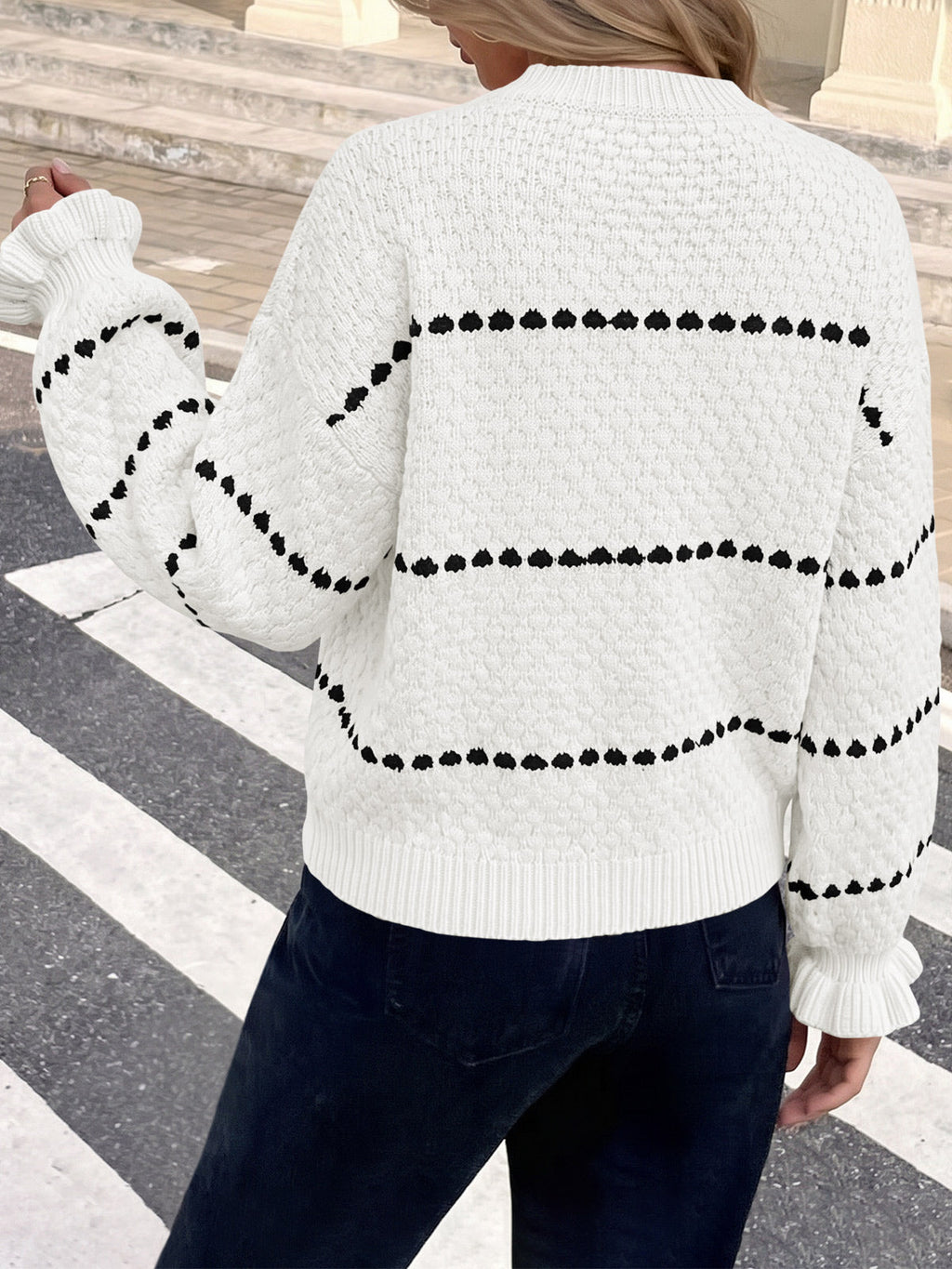 usvara Womens Heart Striped Ruffle Sweaters