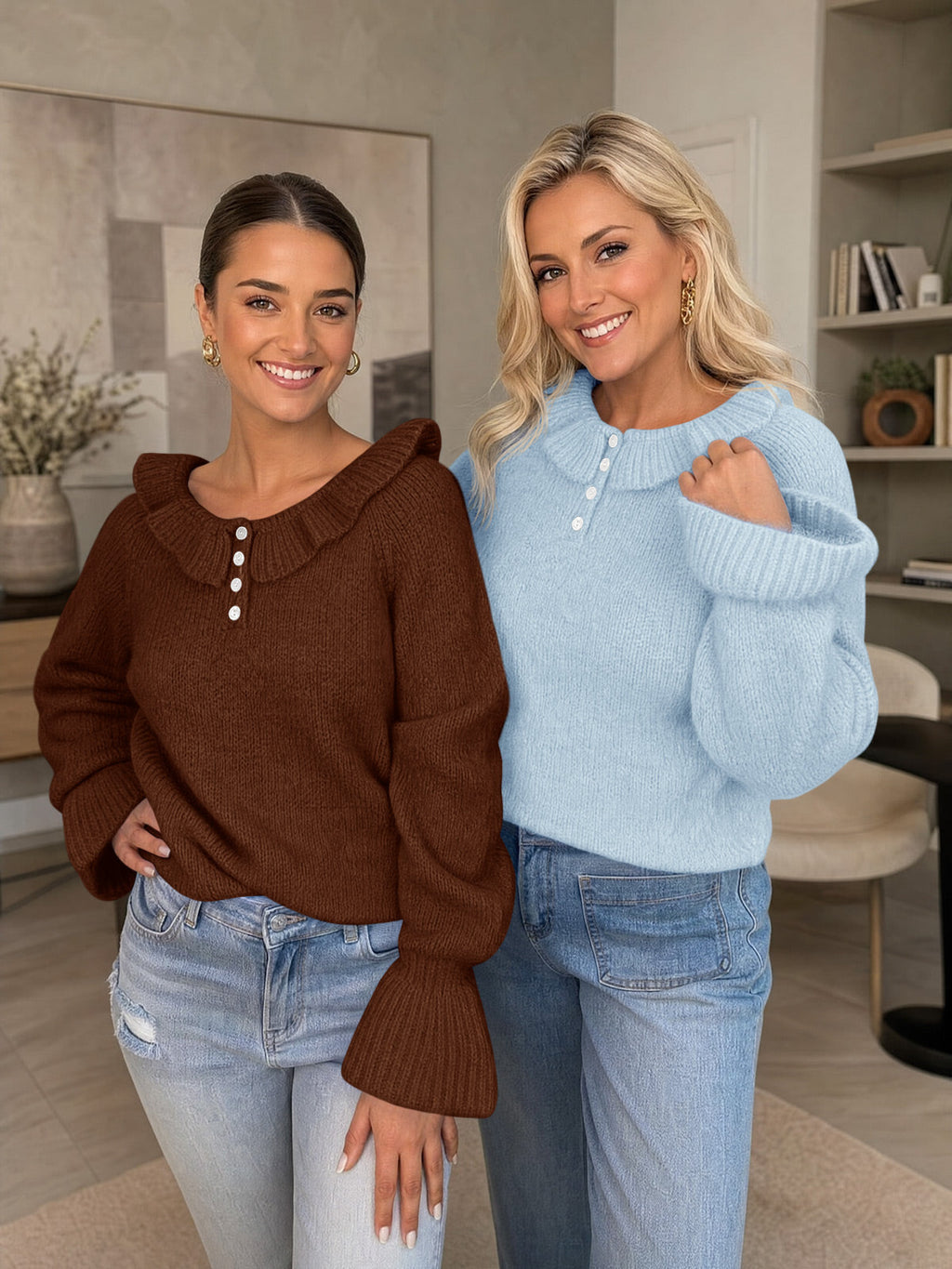 usvara Women Ruffle Collared Long Sleeve Sweater