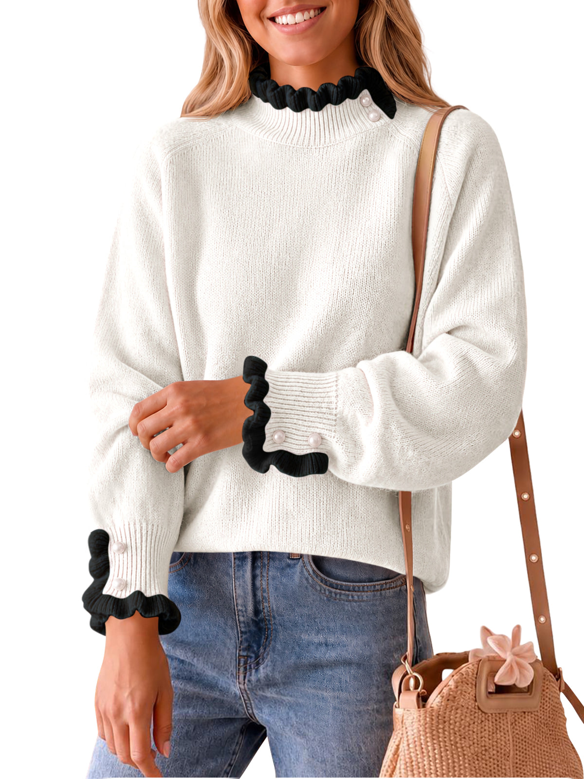 usvara Womens Mock Neck Ruffle Pearl Sweater