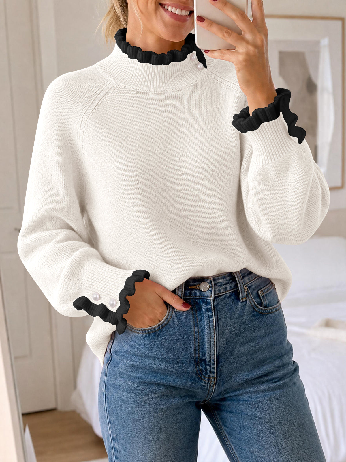 usvara Womens Mock Neck Ruffle Pearl Sweater