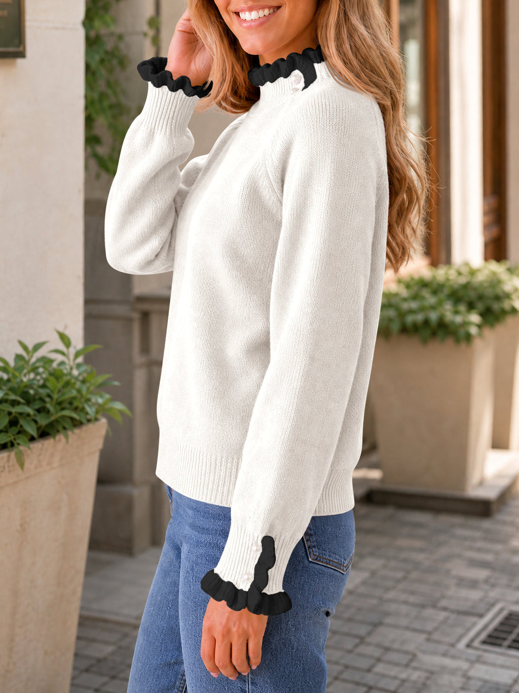 usvara Womens Mock Neck Ruffle Pearl Sweater