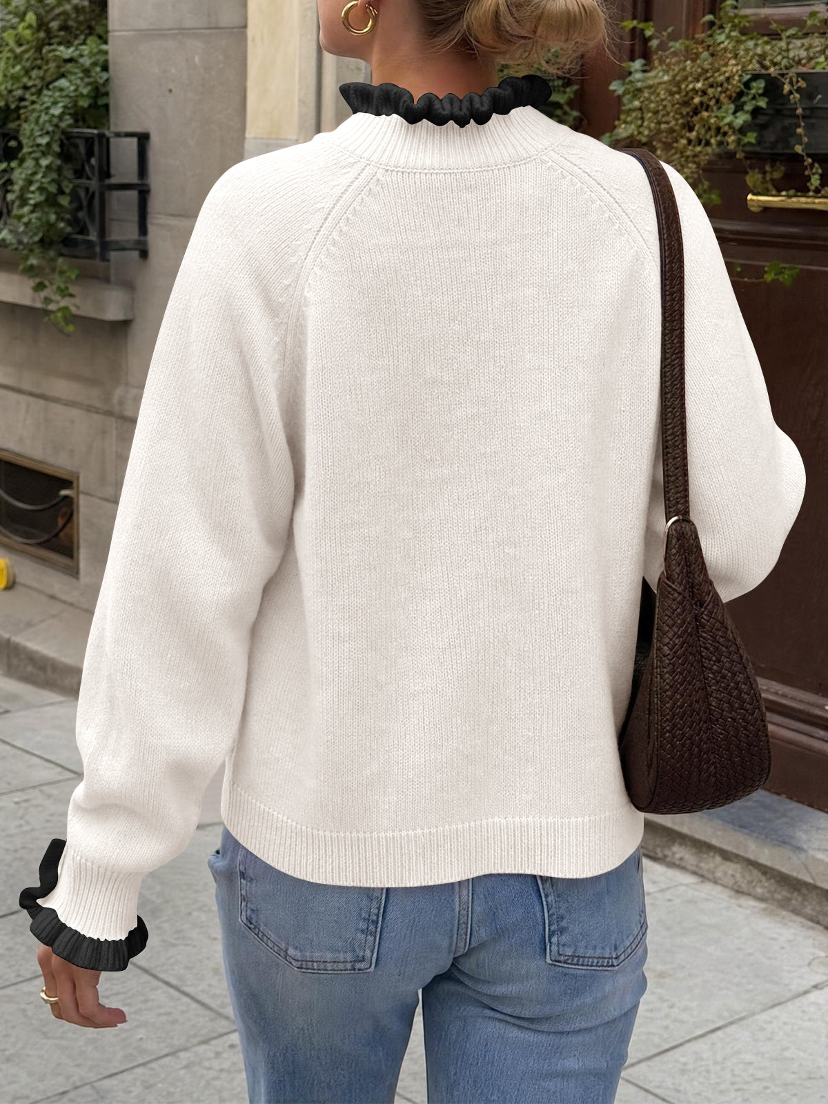 usvara Womens Mock Neck Ruffle Pearl Sweater