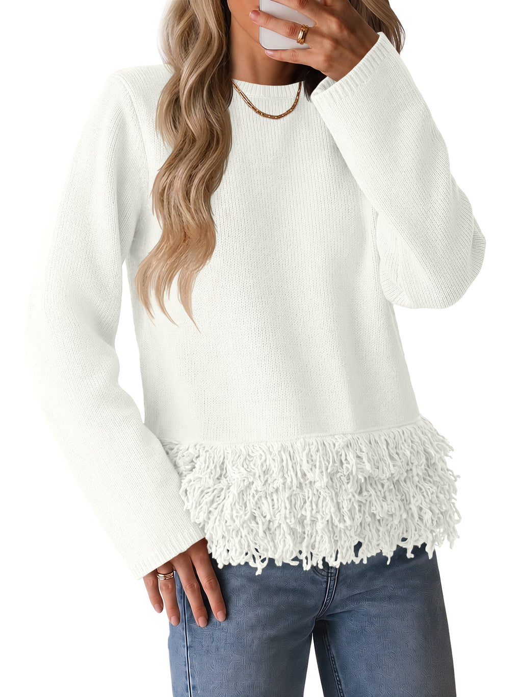 usvara Women Boho Fringe Knit Sweater