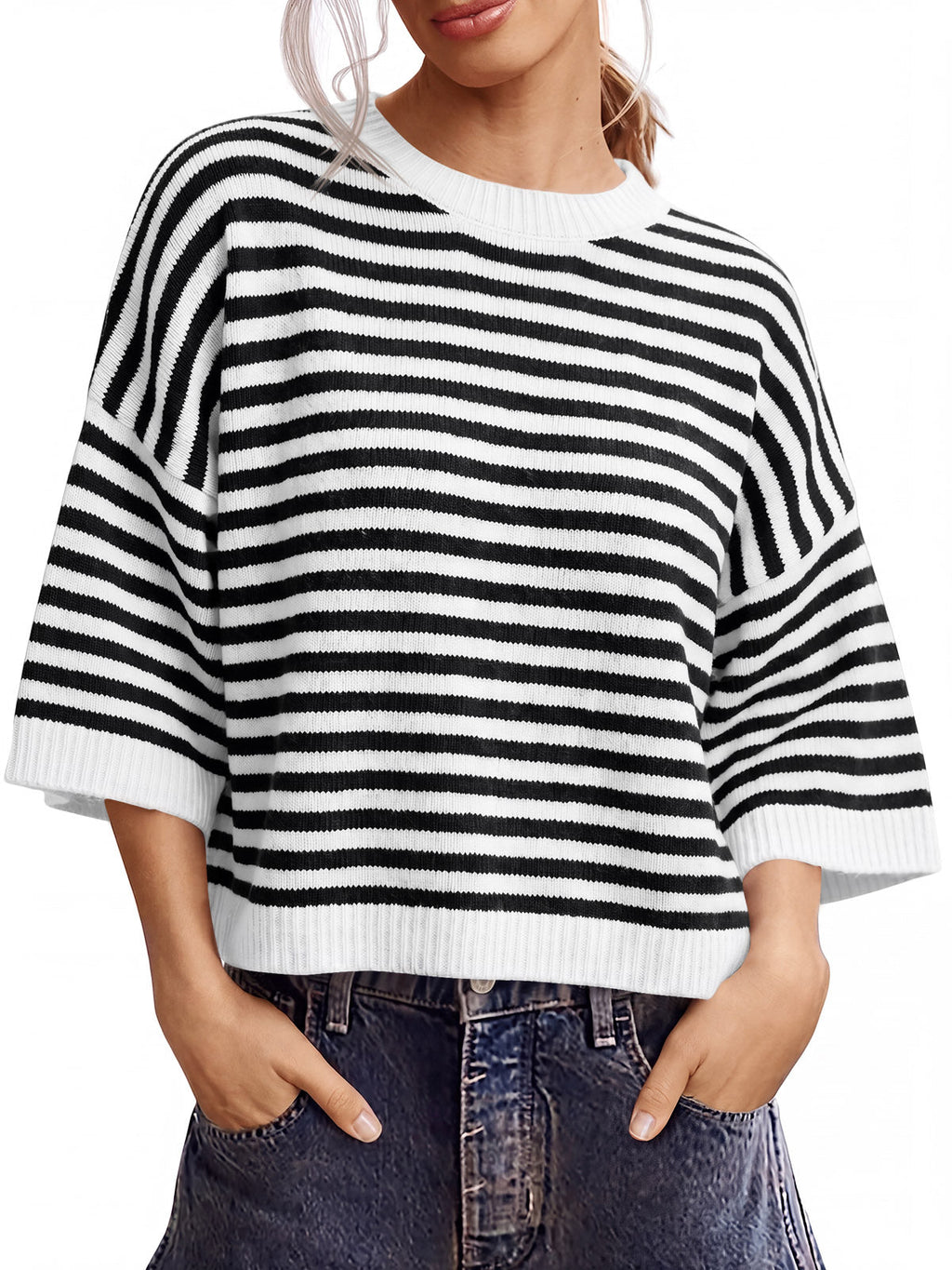 usvara Women Striped Short Sleeve Knit Top