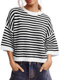 usvara Women Striped Short Sleeve Knit Top