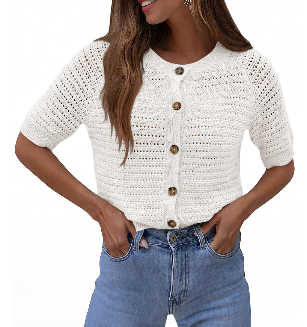usvara Womens Crochet Short Sleeve Button Down Cardigan