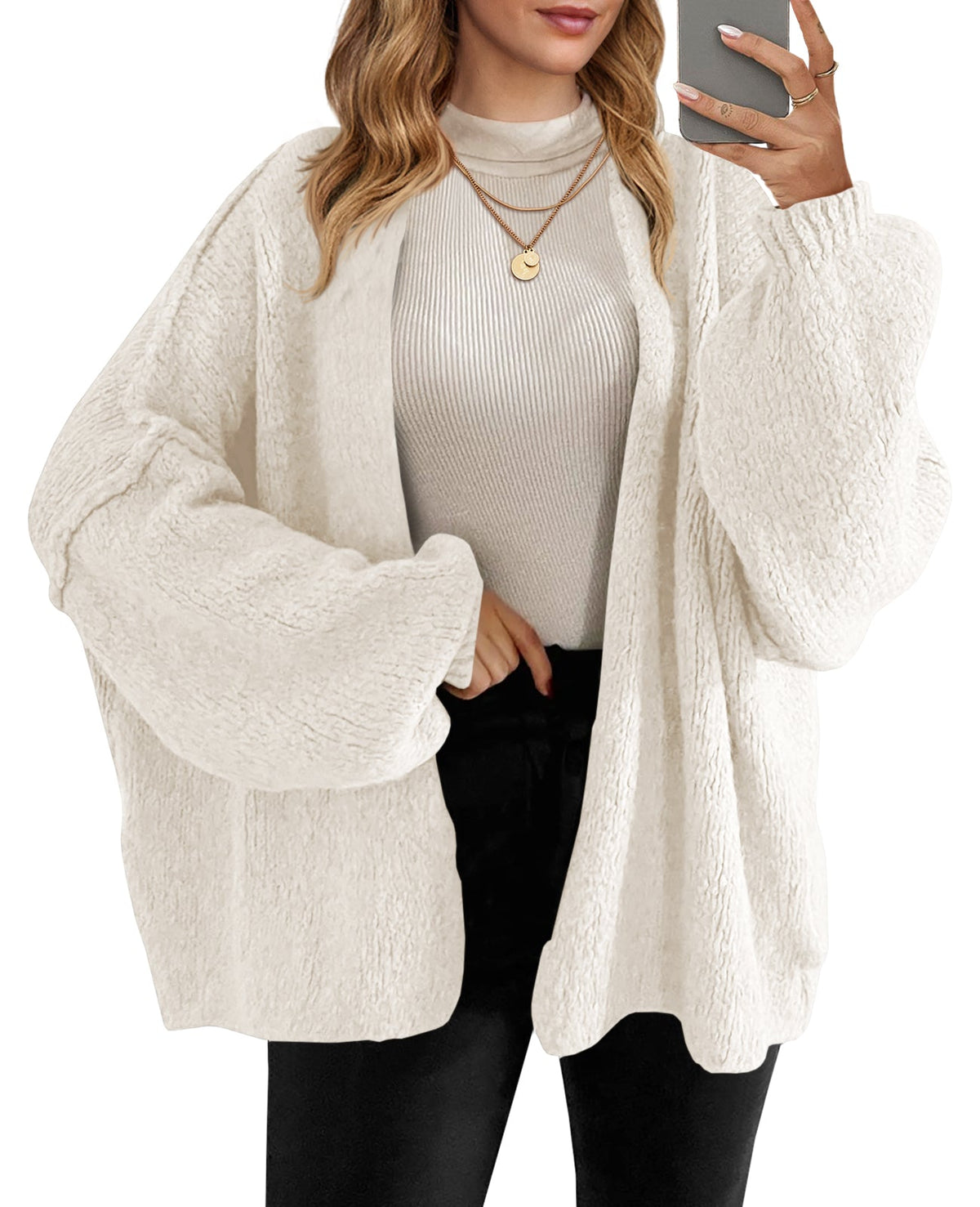 Usvara Womens Oversized Lantern Sleeve Chunky Knit Open-Front Cardigan Sweater