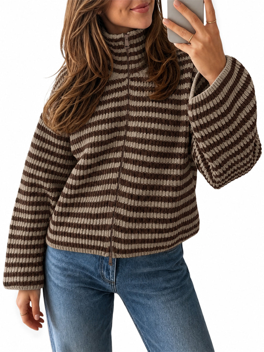 usvara Womens Striped Zip Knit Cardigan