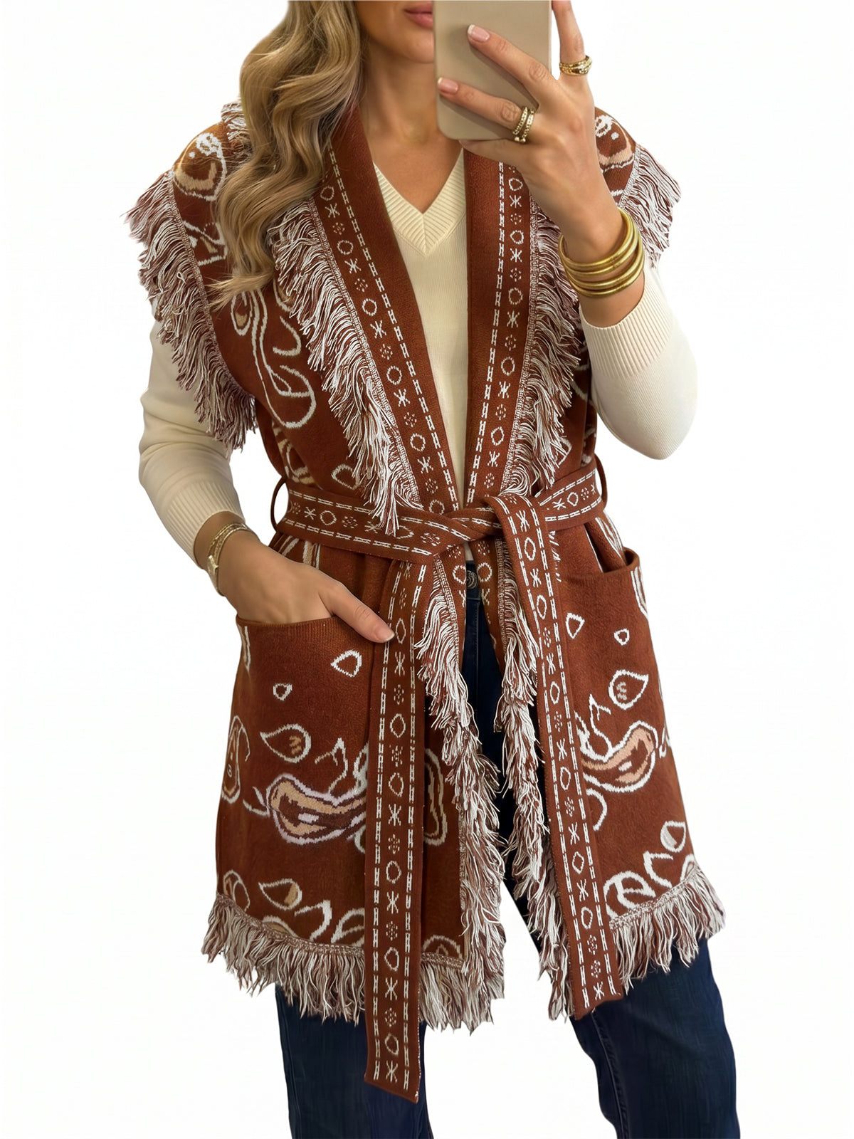 usvara Women Fringe Knit Cardigan