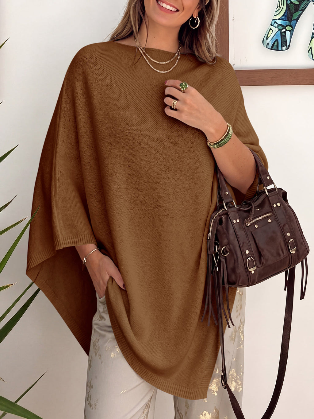 usvara Women Poncho Boat Neck Knit Sweater