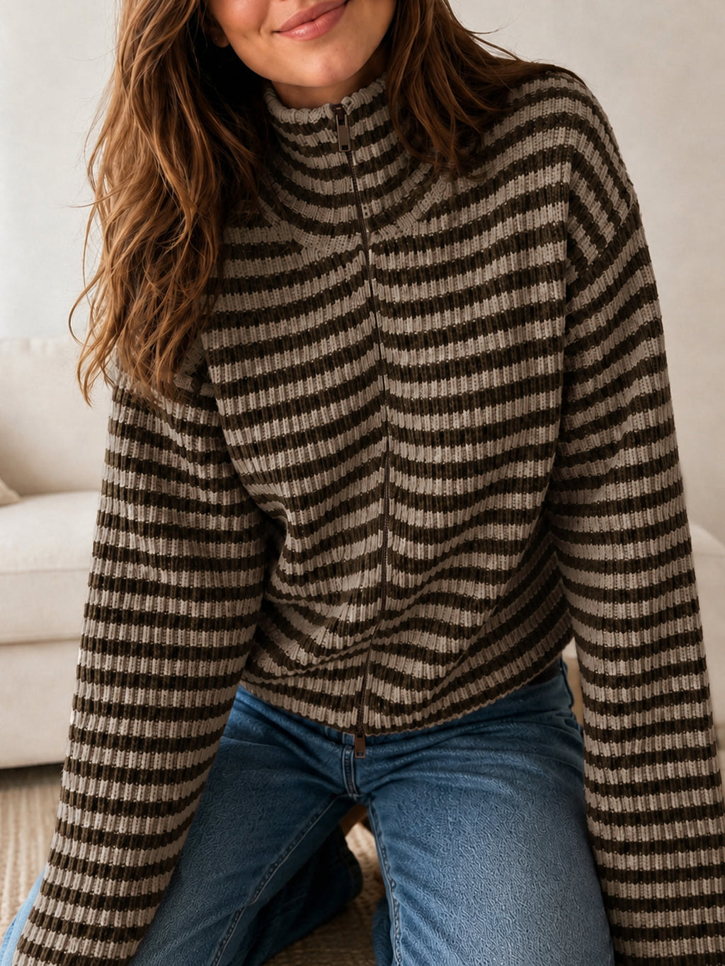 usvara Womens Striped Zip Knit Cardigan