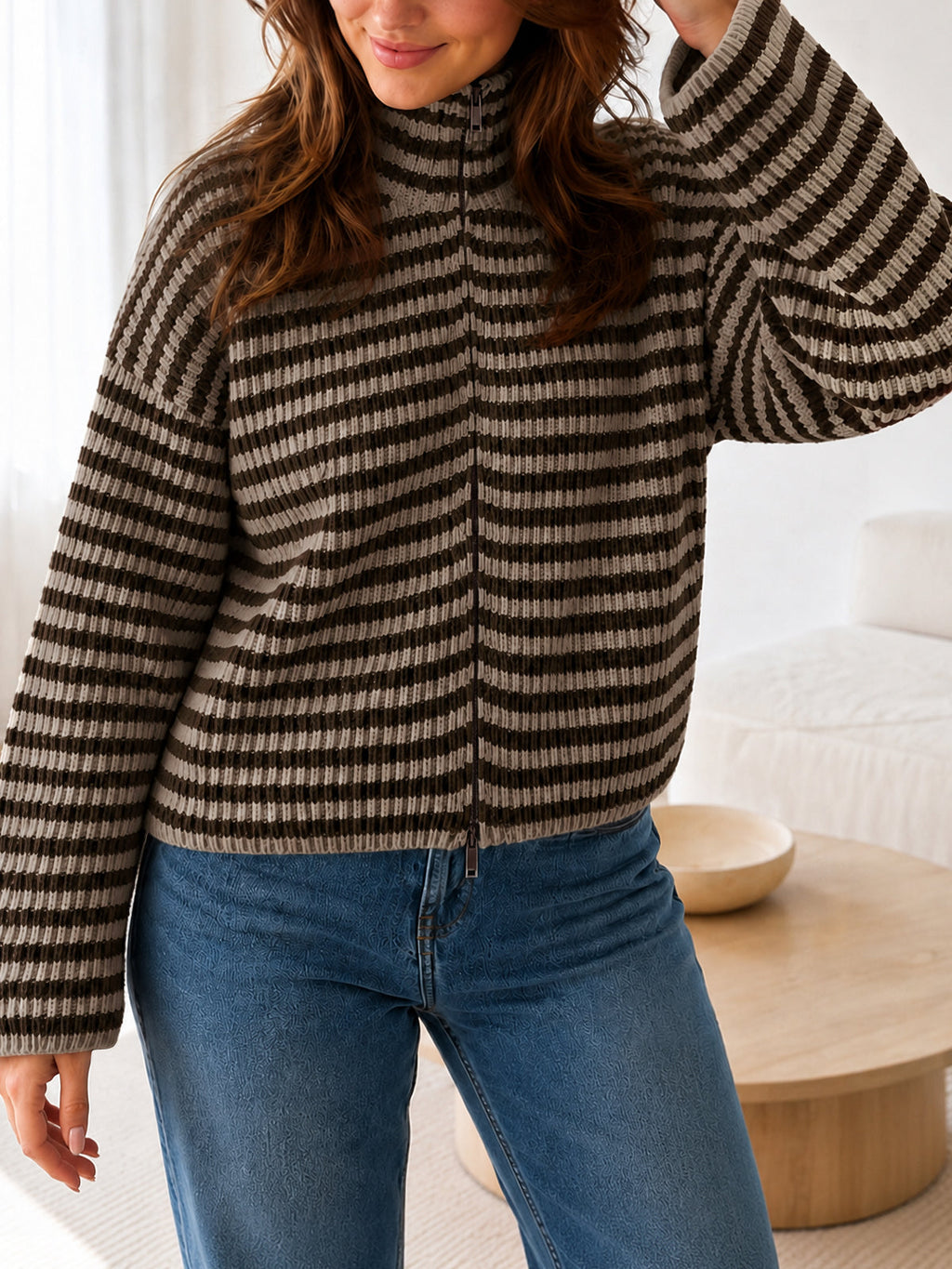 usvara Womens Striped Zip Knit Cardigan