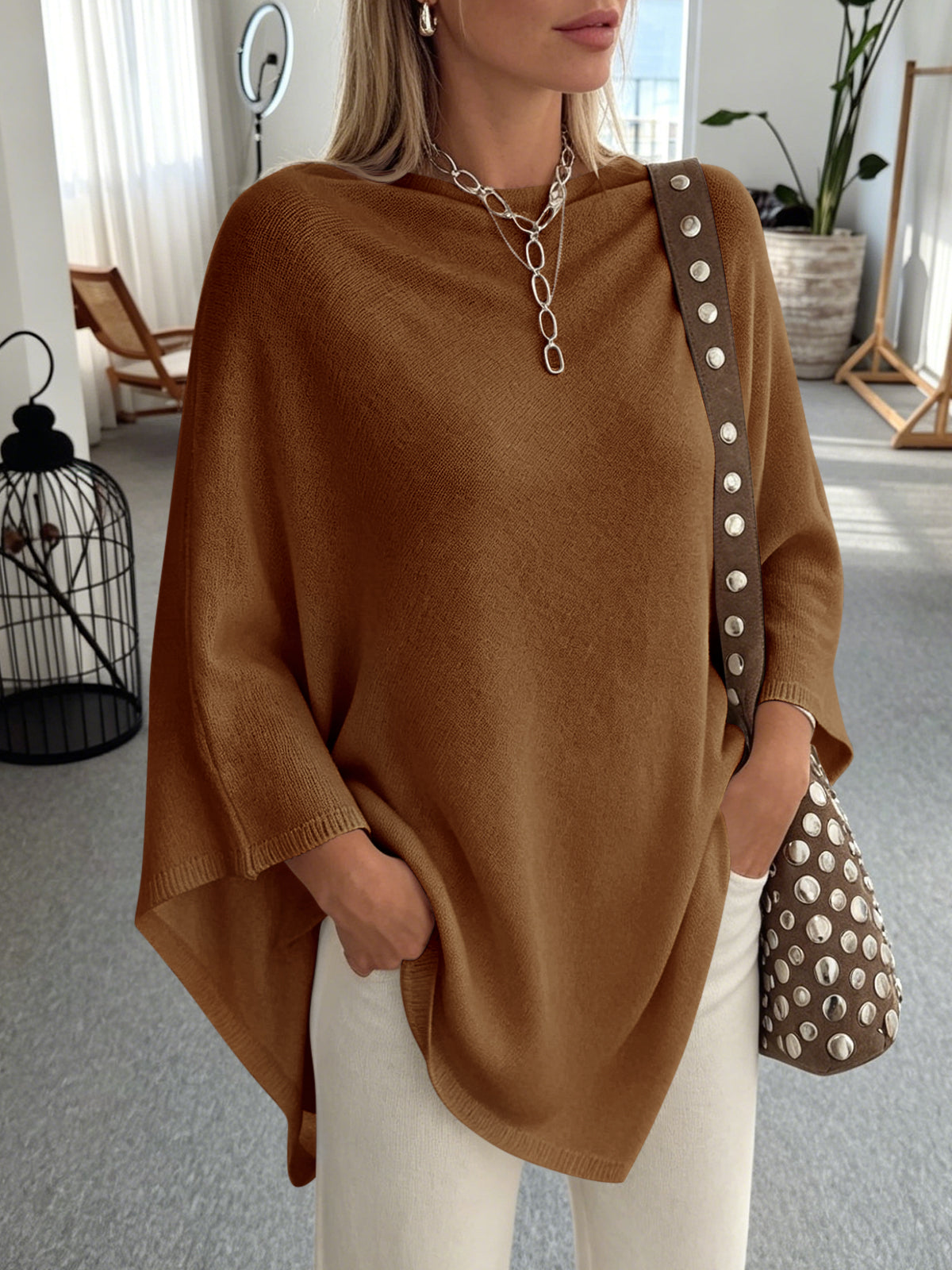 usvara Women Poncho Boat Neck Knit Sweater