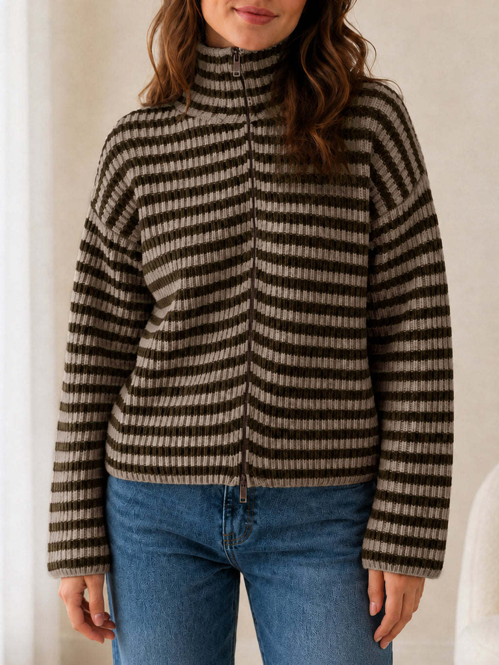 usvara Womens Striped Zip Knit Cardigan