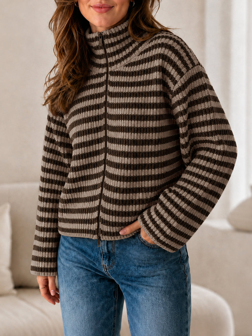 usvara Womens Striped Zip Knit Cardigan