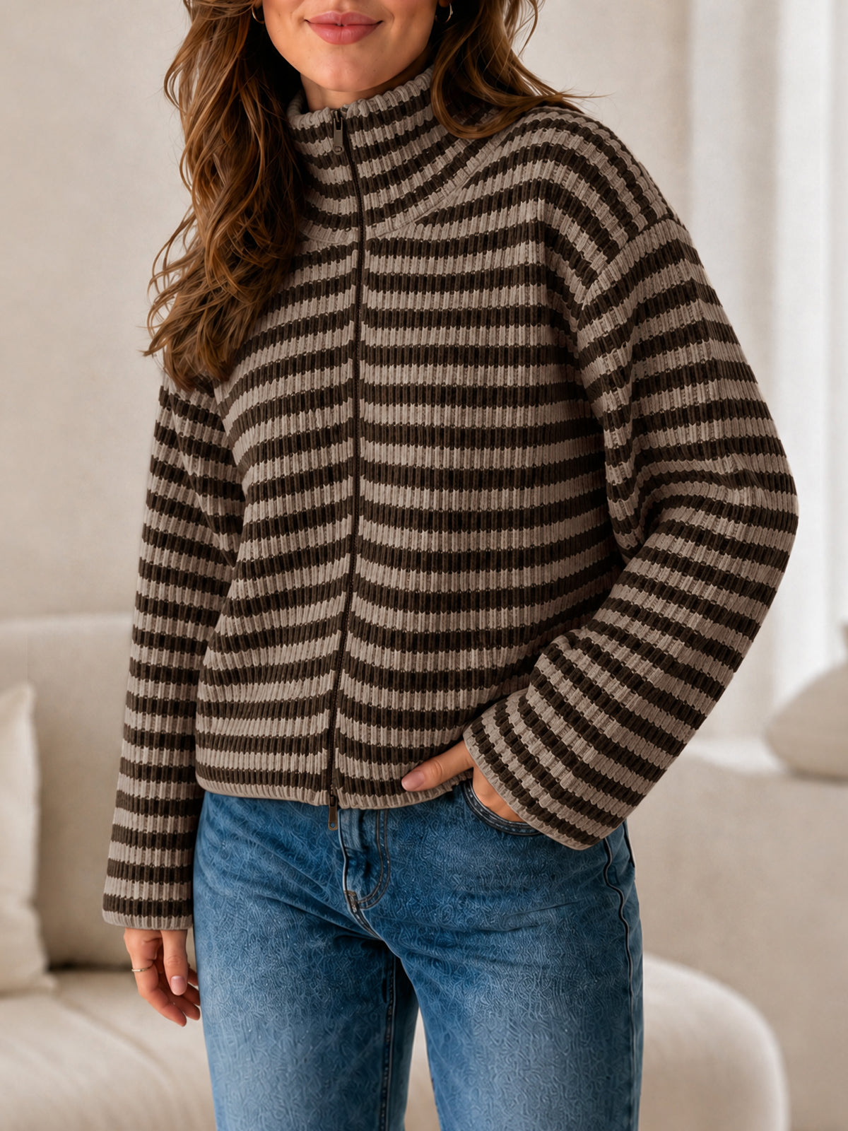 usvara Womens Striped Zip Knit Cardigan