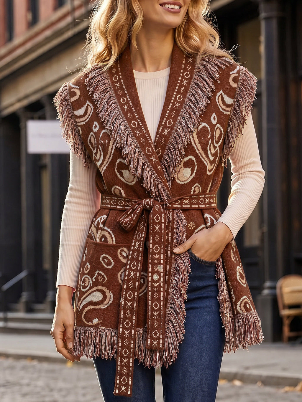 usvara Women Fringe Knit Cardigan