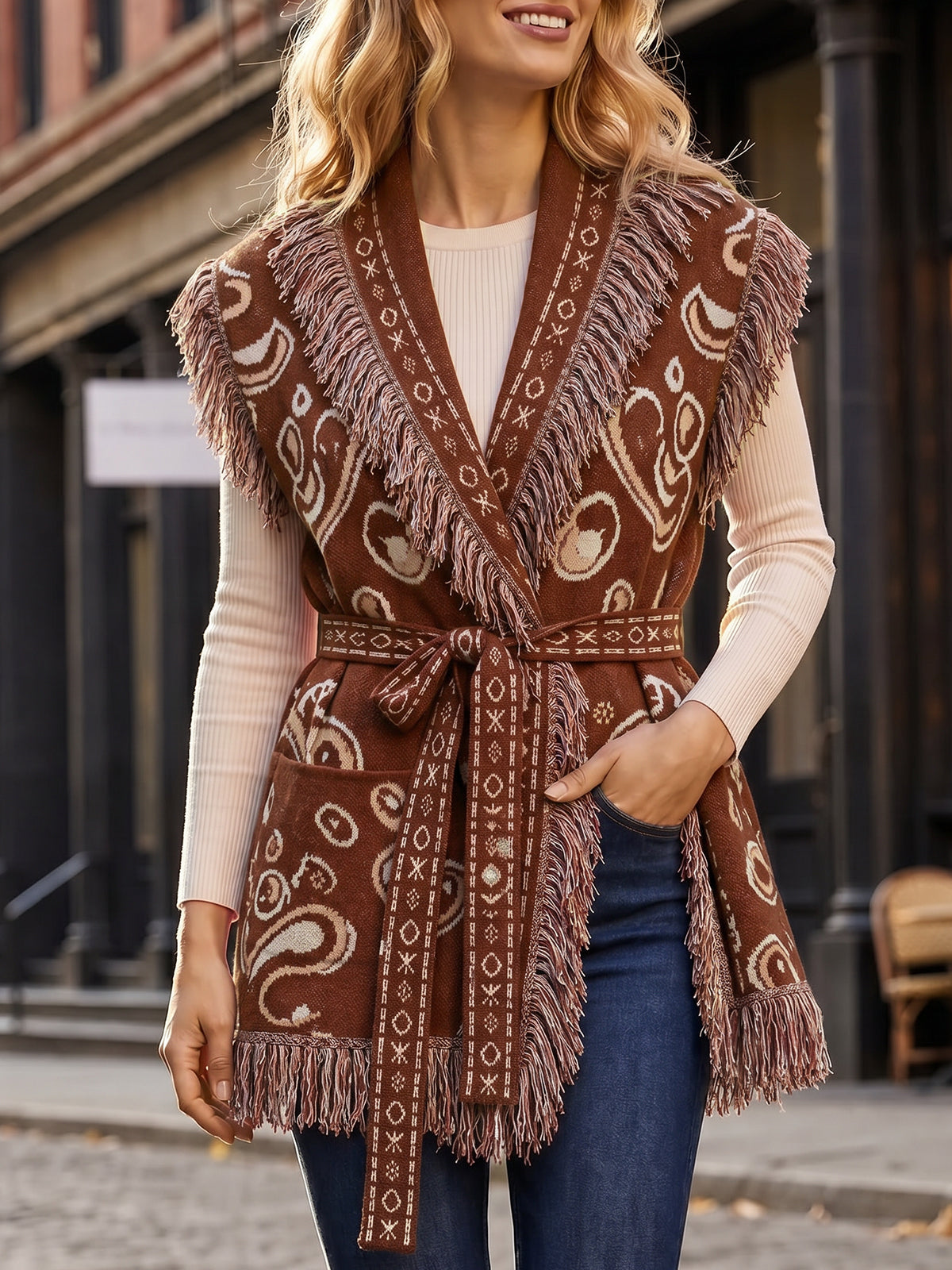 usvara Women Fringe Knit Cardigan