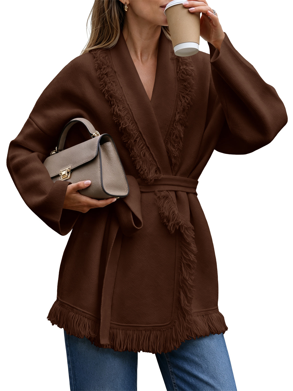 usvara Womens Tassel Fringe Lapel Cardigan