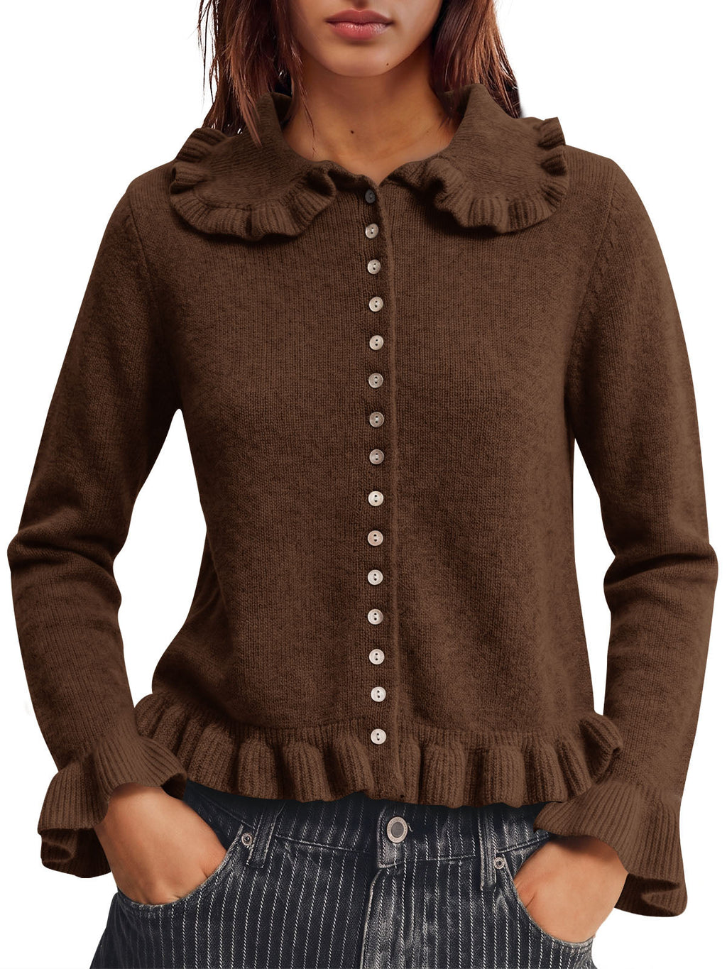 usvara Womens Ruffle Button Down Cardigan