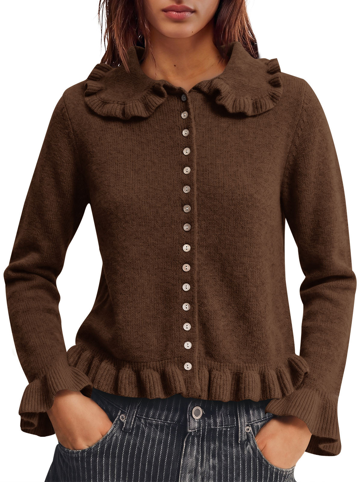 usvara Womens Ruffle Button Down Cardigan