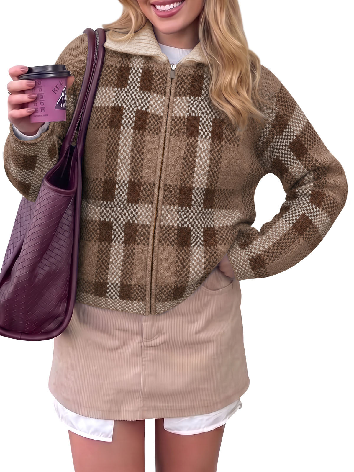 usvara Womens Plaid Color Block Zip Cardigan