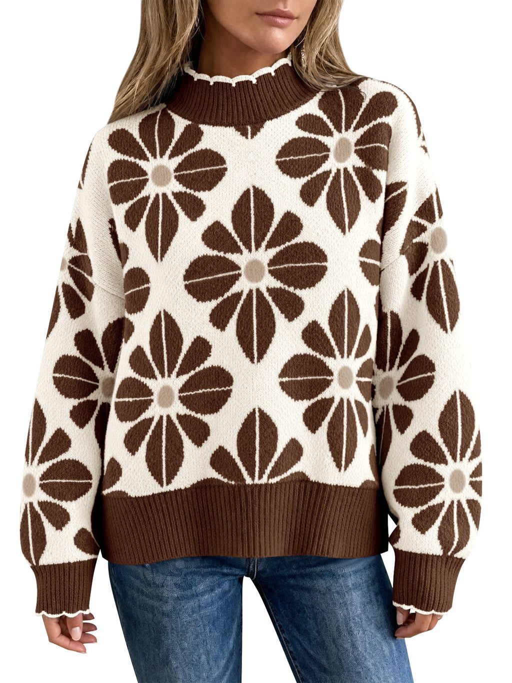 usvara Womens Mock Neck Floral Knit Sweater
