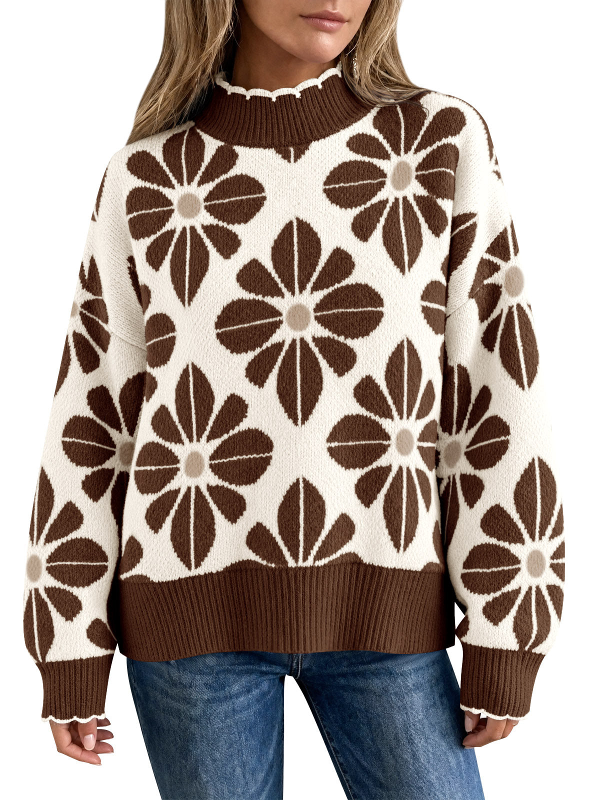 usvara Womens Mock Neck Floral Knit Sweater