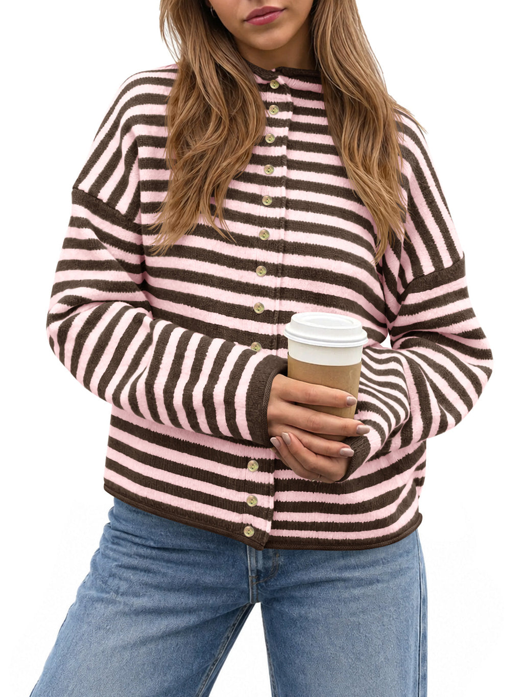 usvara Womens Striped Mock Neck Cardigan