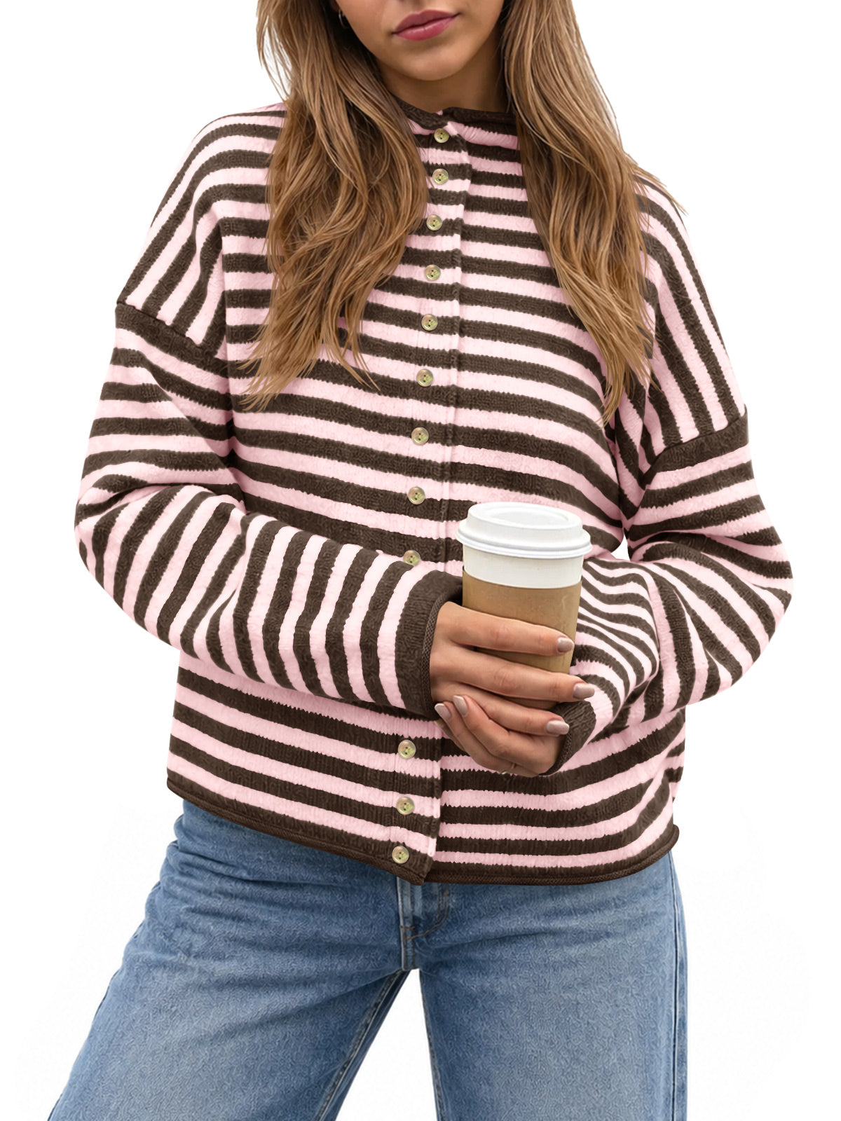 usvara Womens Striped Mock Neck Cardigan