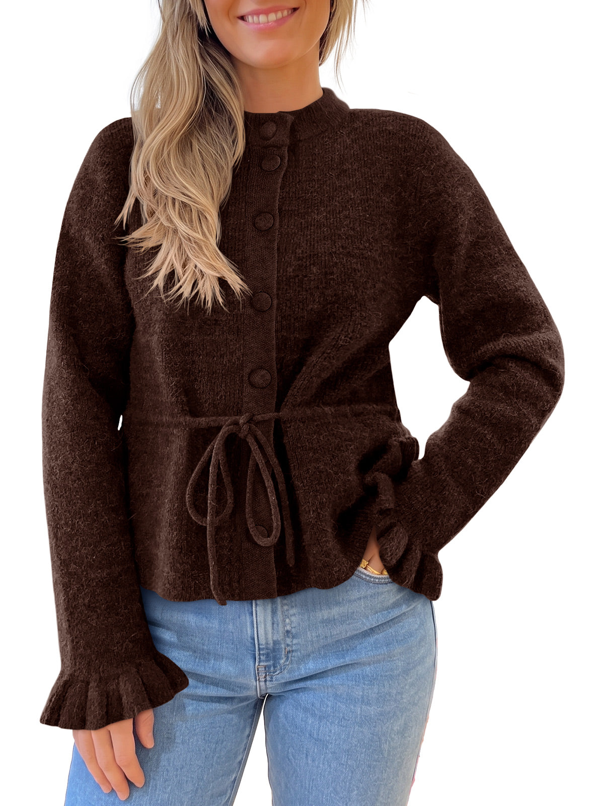 usvara Womens Ruffle Sleeve Button Tie Cardigans