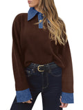 usvara Women Denim Patchwork V Neck Sweater Tops