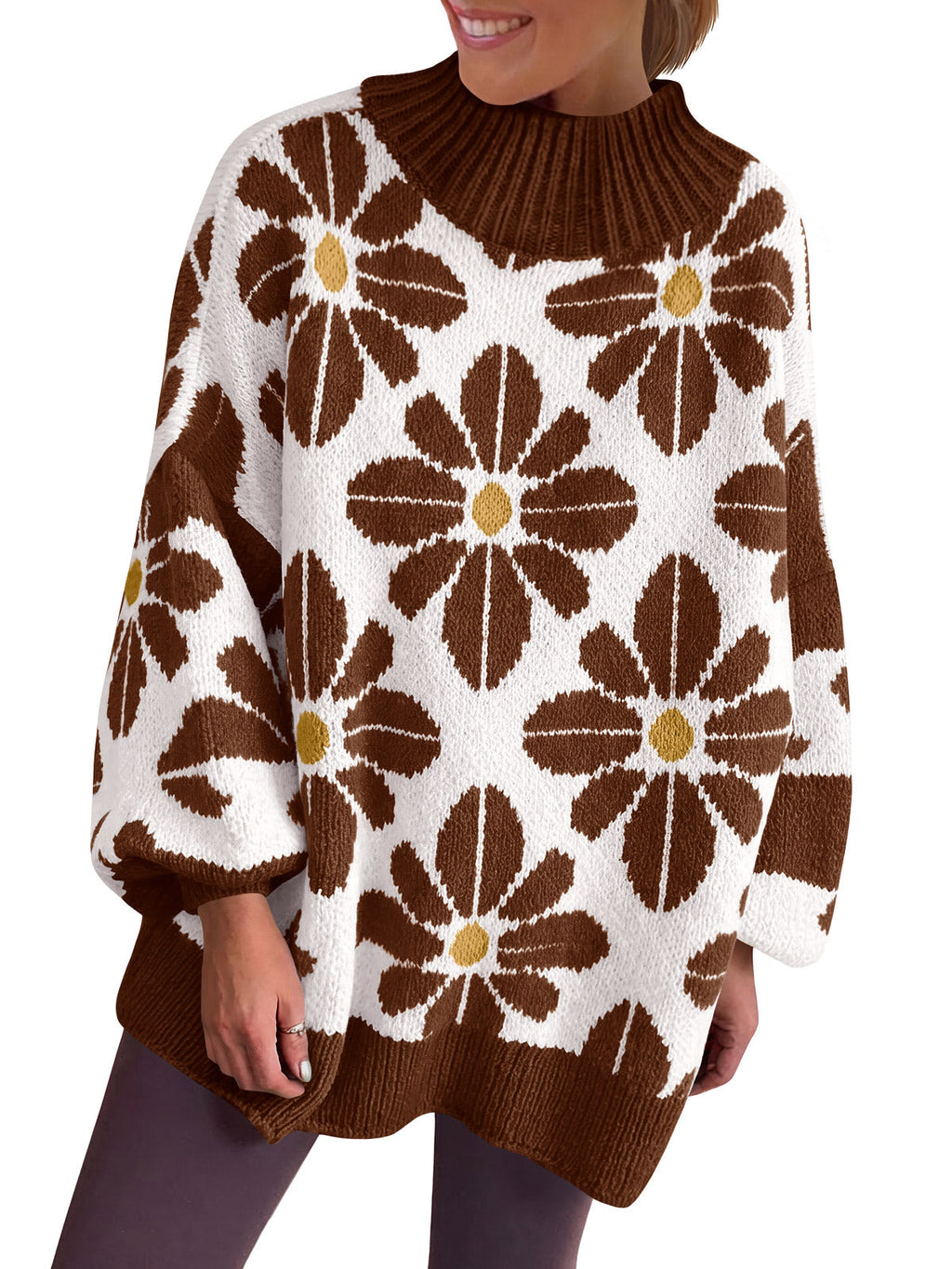 usvara Womens Floral Mock Neck Chunky Sweater