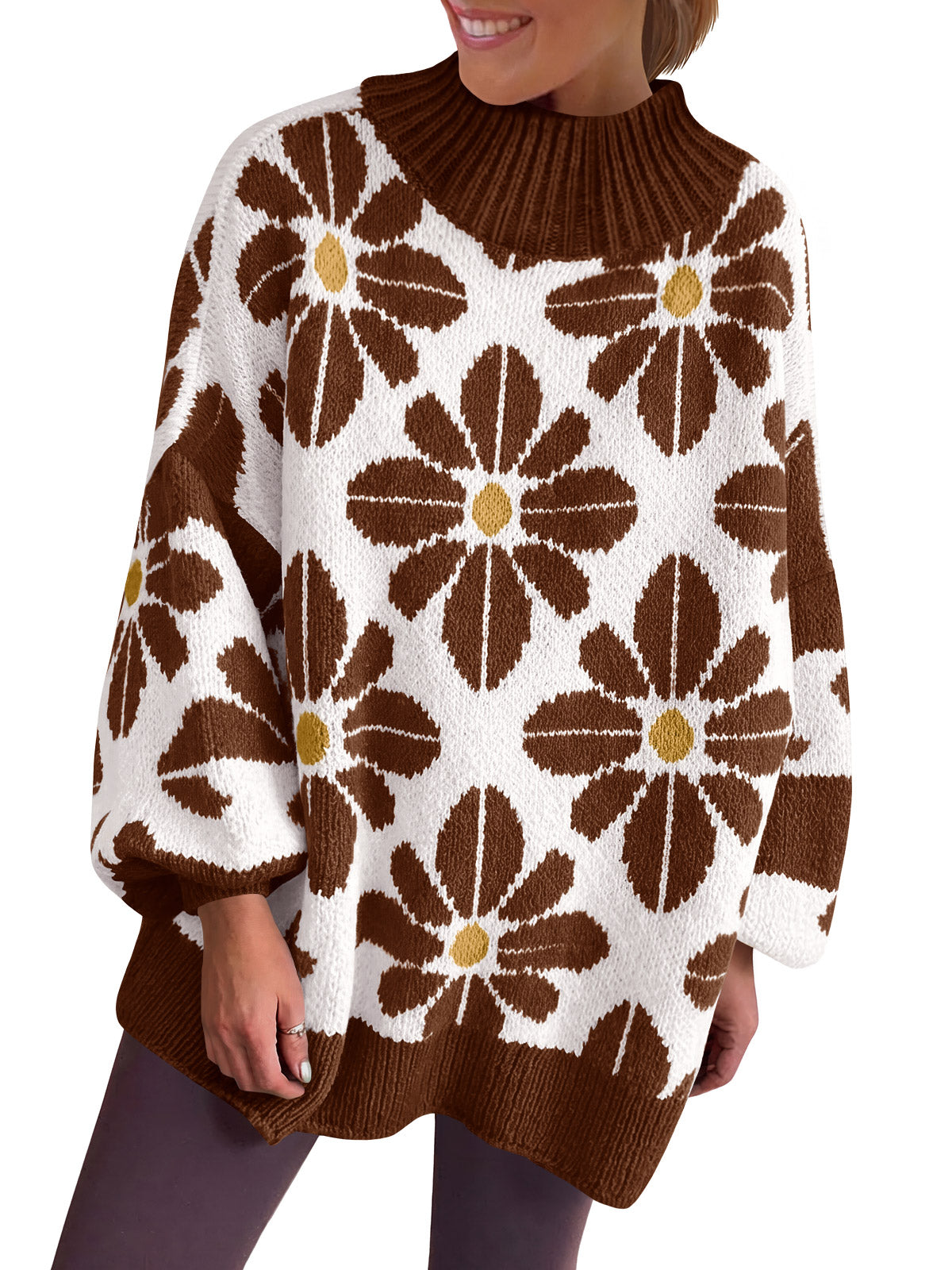 usvara Womens Floral Mock Neck Chunky Sweater