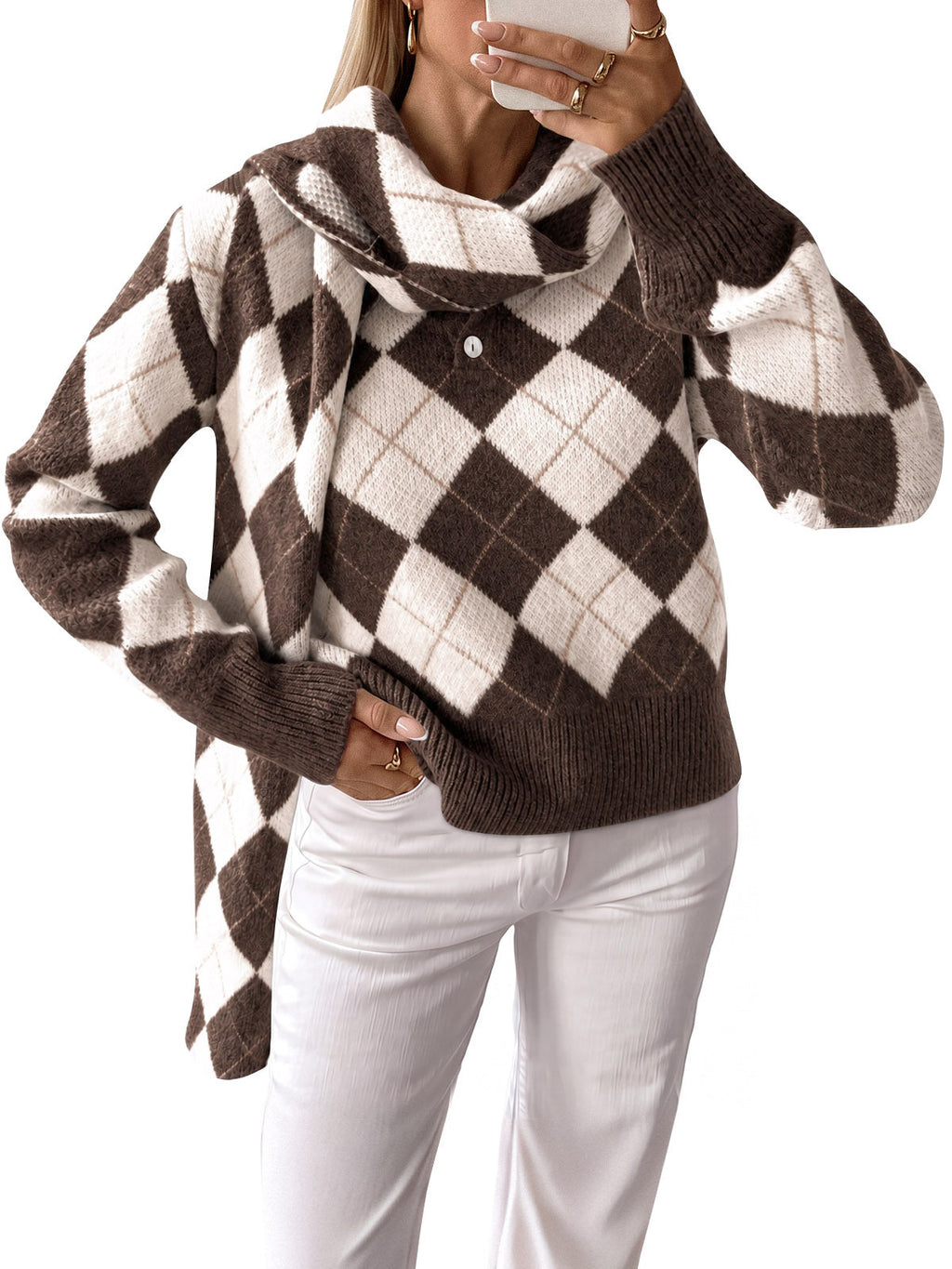 usvara Womens Argyle Color Block Polo Sweater