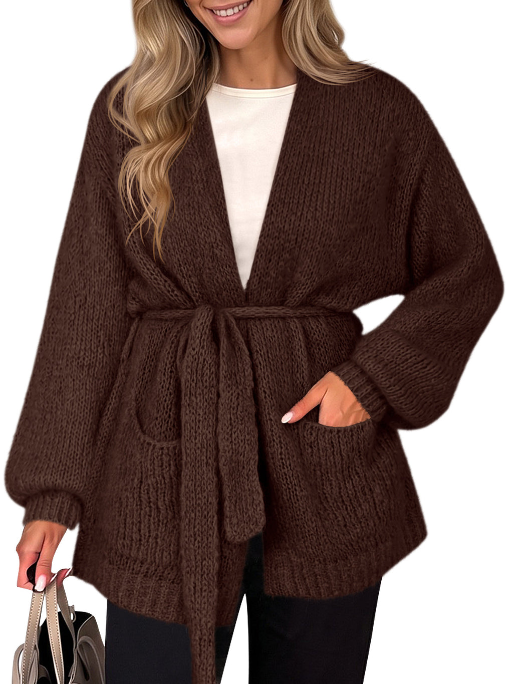 usvara Womens V Neck Belted Cardigan