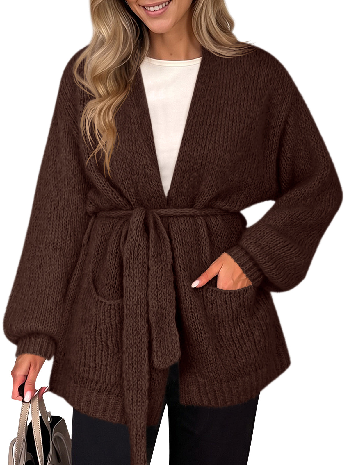 usvara Womens V Neck Belted Cardigan